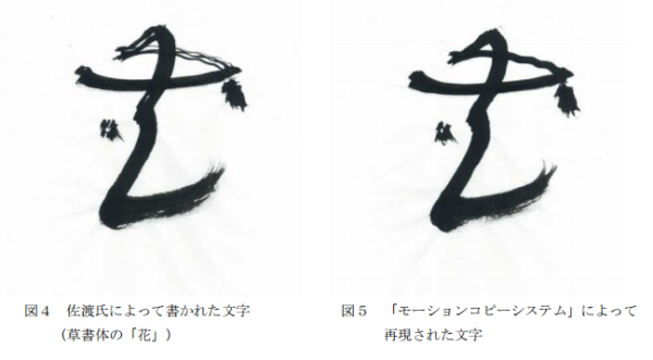 例として佐渡氏により書かれた文字を図４に、「モーションコピーシステム」 により再現された文字を図５に示します。書かれた文字は草書体の「花」という文字
