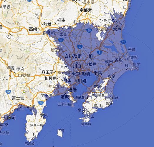 青いところは水没するエリア。東京神奈川埼玉千葉で水没するエリアがあるとわかる。
