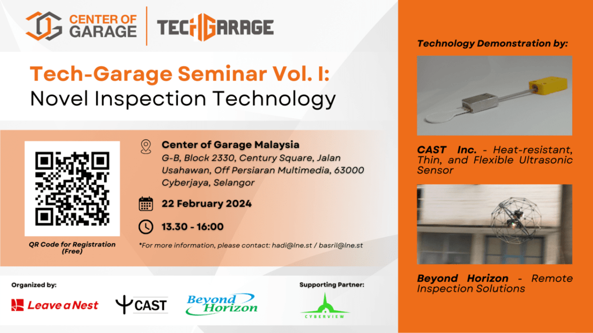 マレーシアのディープテックハブ、センターオブガレージマレーシアにて、日本とマレーシア両国のプラント検査に特化したベンチャーが登壇する『Tech-Garage Seminar Vol.I: Novel Inspection Technology』を開催します。