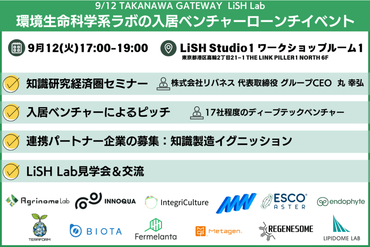 【9/12 TAKANAWA GATEWAY LiSH Lab】環境生命科学を基盤とした革新的な事業に挑戦する入居ベンチャーのローンチイベントを開催