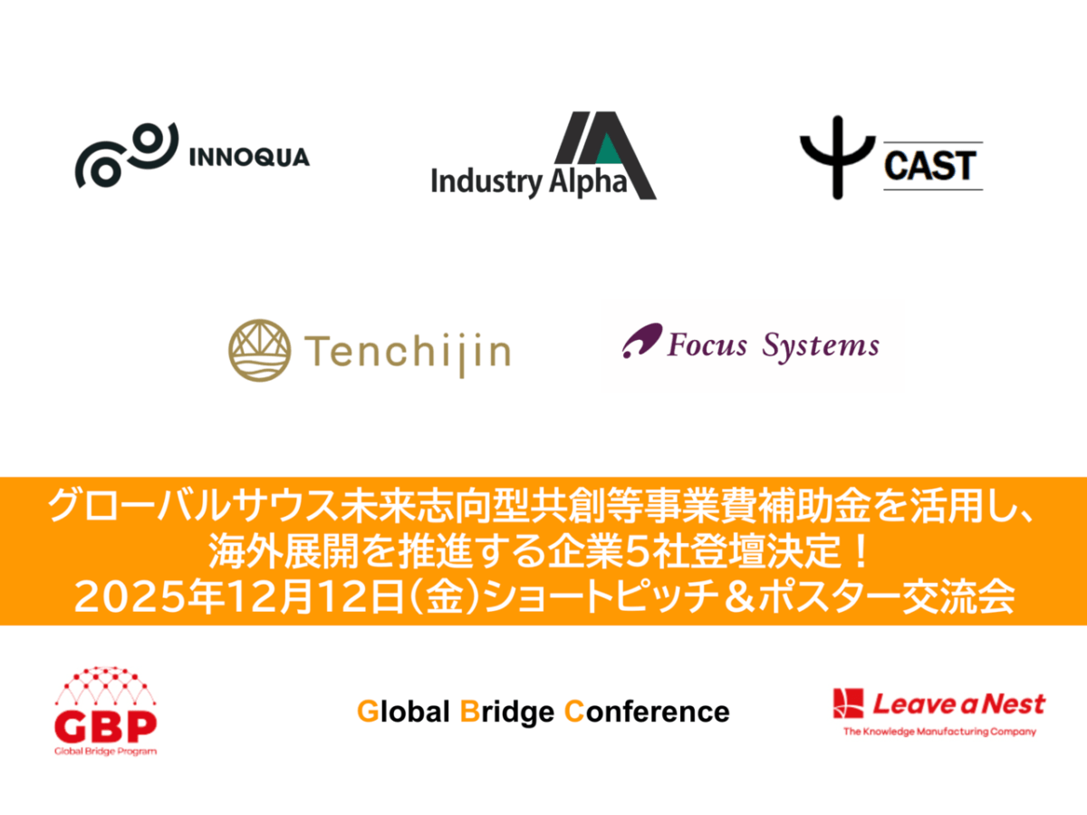 【GBC2025】グローバルサウス未来志向型共創等事業費補助金を活用し、海外展開を推進する企業5社登壇決定!/2025年12月12日(金)ショートピッチ・ポスター交流会