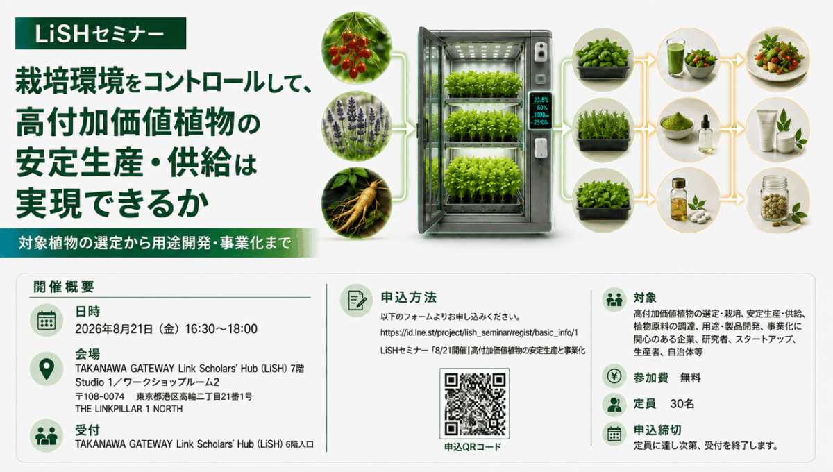 栽培環境をコントロールして、高付加価値植物の安定生産・供給を考えるLiSHセミナーを8月21日(金)に開催